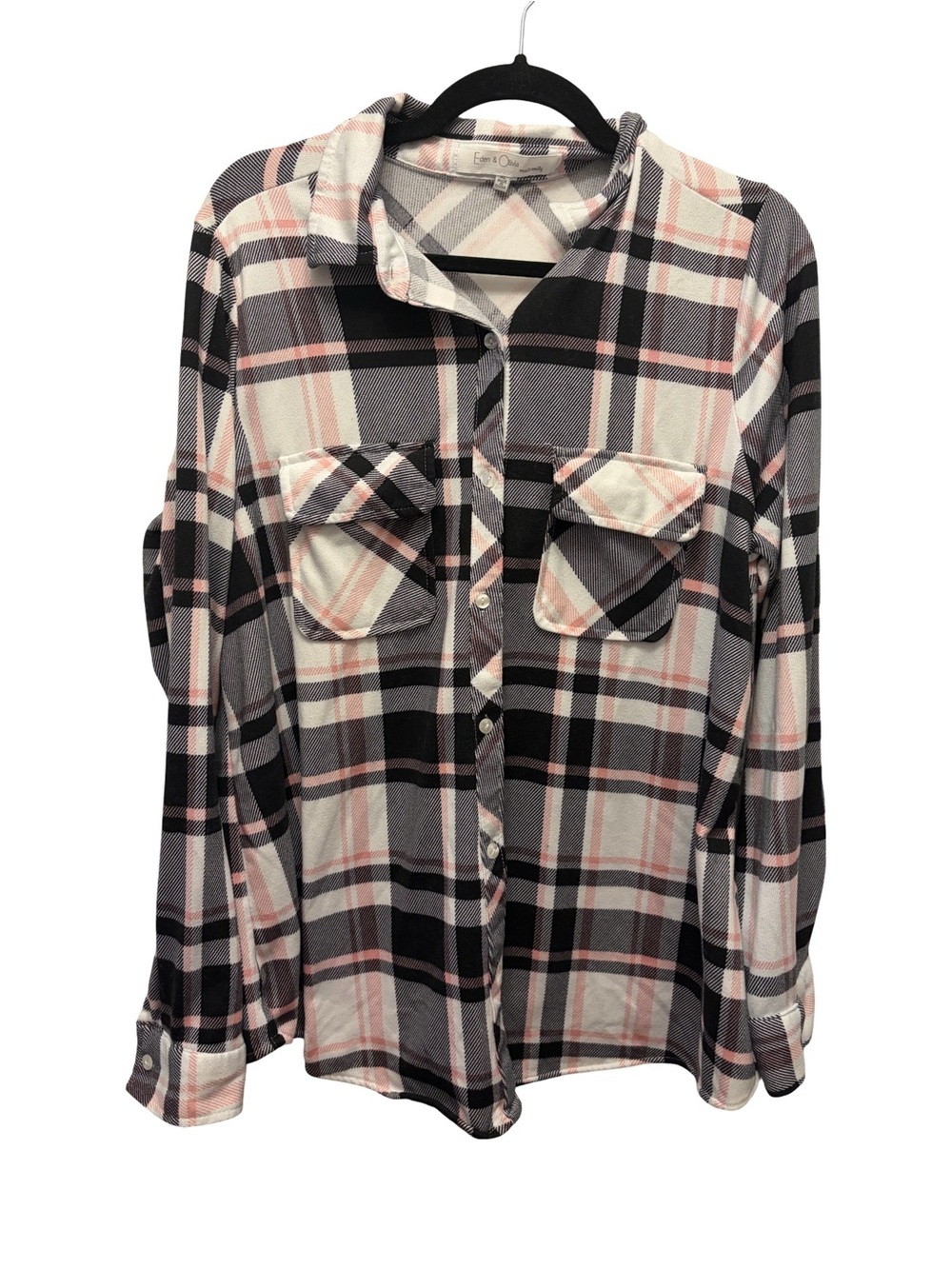 Eden & Olivia Black, Gray and Pink Plaid Maternity Shirt Sz XL